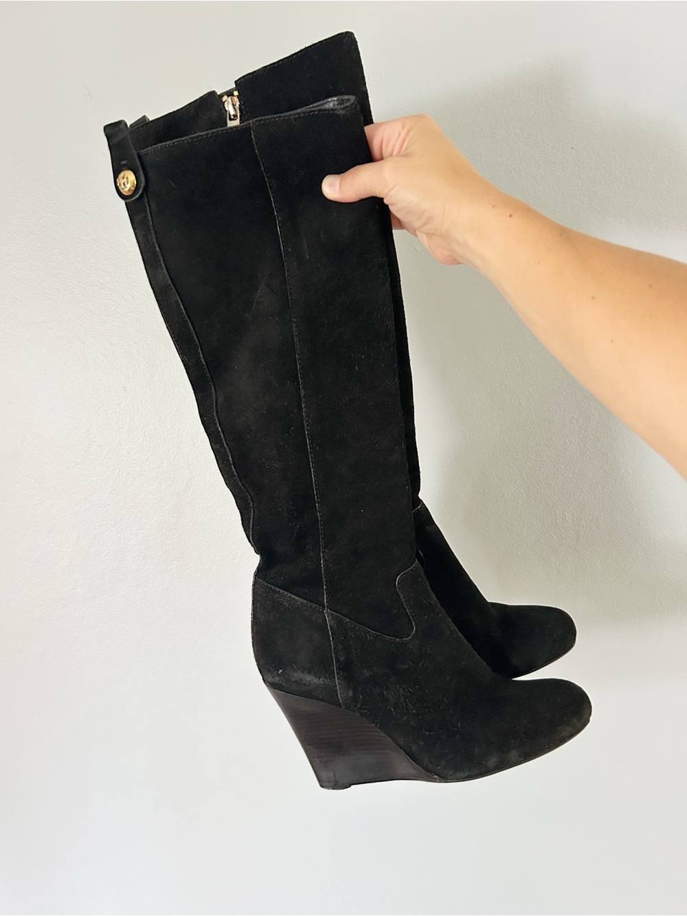 Tory Burch Black Suede Knee-High Wedge Boots zip up